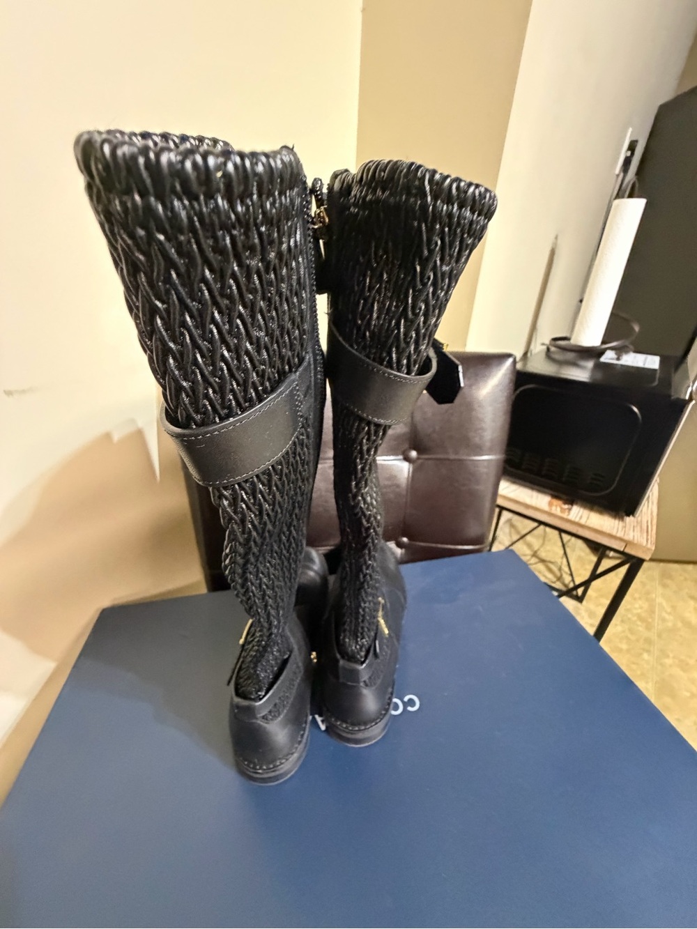 Cole Haan Black Knit Leather-Trim Knee Boots